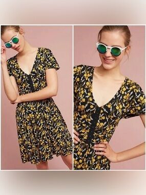 Maeve Anthropologie Summer Breeze Black Yellow and White Floral Dress